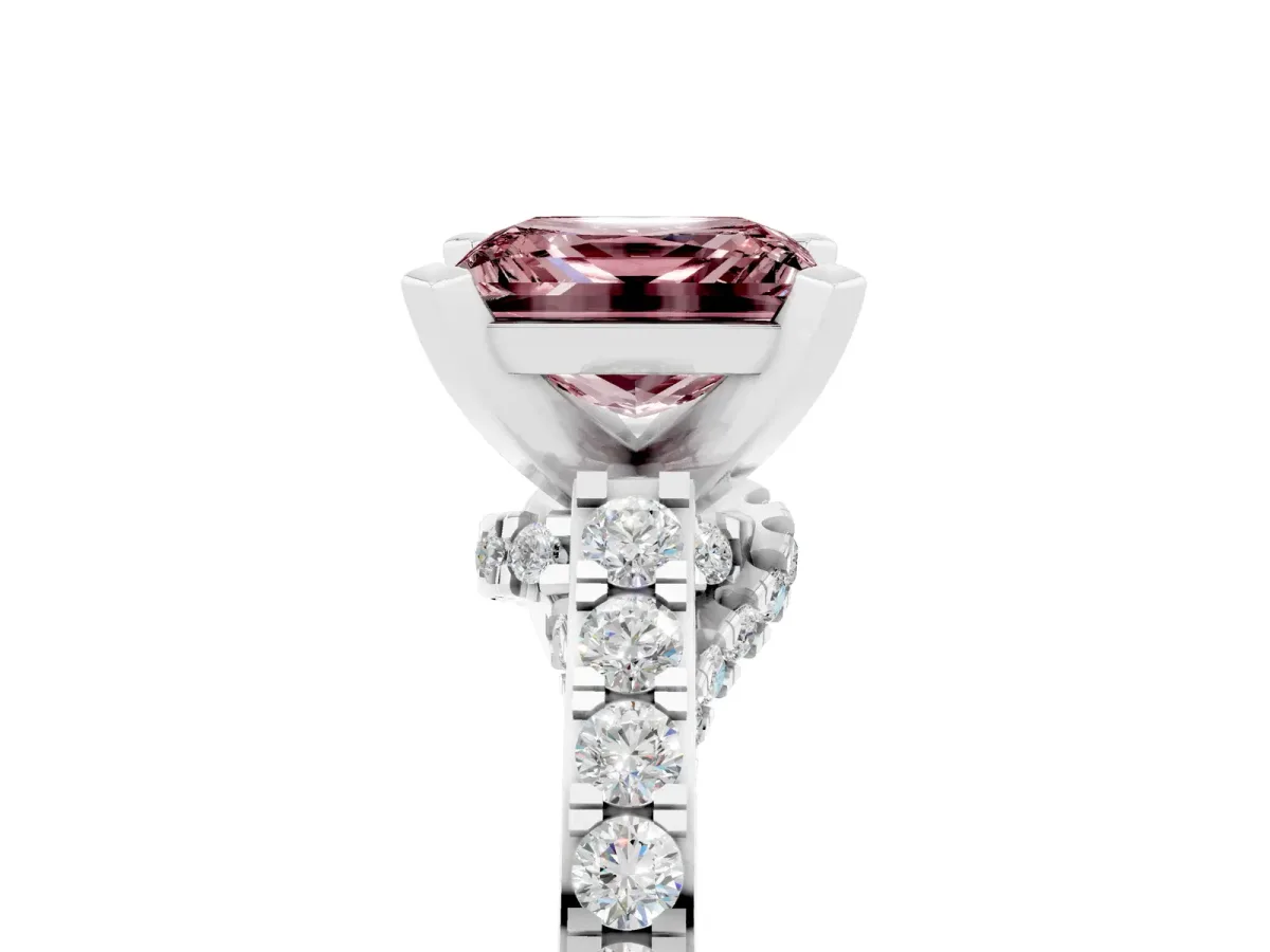 Princess Cut Morganite Solitaire Ring with Crossover Gallery and Round Pavé Band Silver