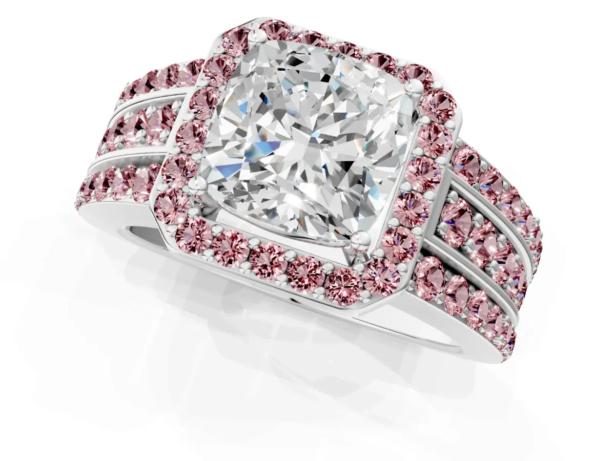 Cushion Cut Halo Diamond Ring with Round Morganite Split Shank and Prong Setting Silver