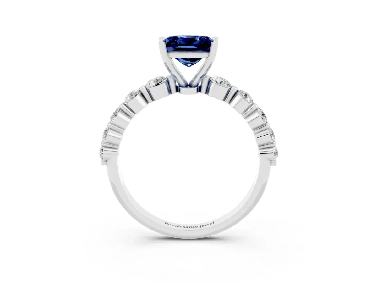 Princess Cut Solitaire Blue Sapphire Ring with Pave Band and Four-Prong Setting Silver