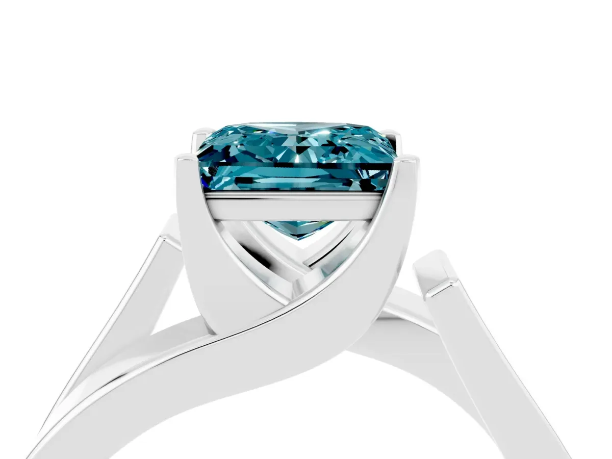 Modern Tension Set Princess Cut Blue Topaz Solitaire Wide Band Ring Silver