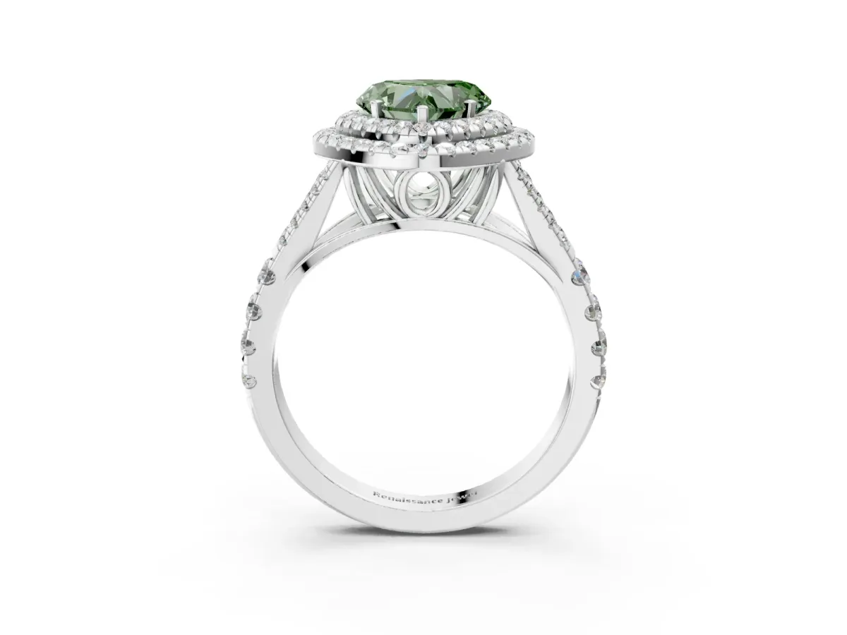 Fancy Green Heart Cut Cut Double Halo Split Shank Diamond Ring with Prong Setting Platinum