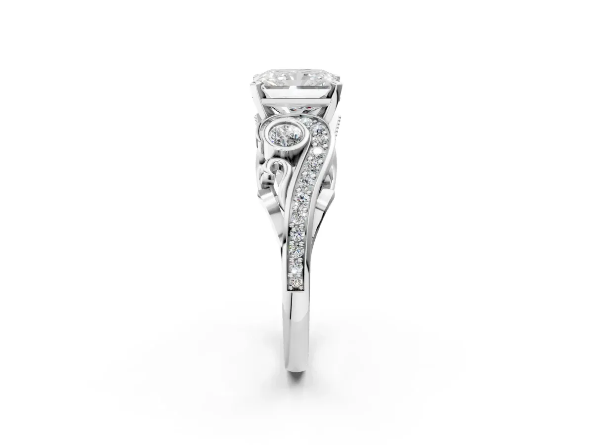 Radiant Cut Diamond Solitaire Ring with Milgrain Pavé Band and Four-Prong Setting Silver