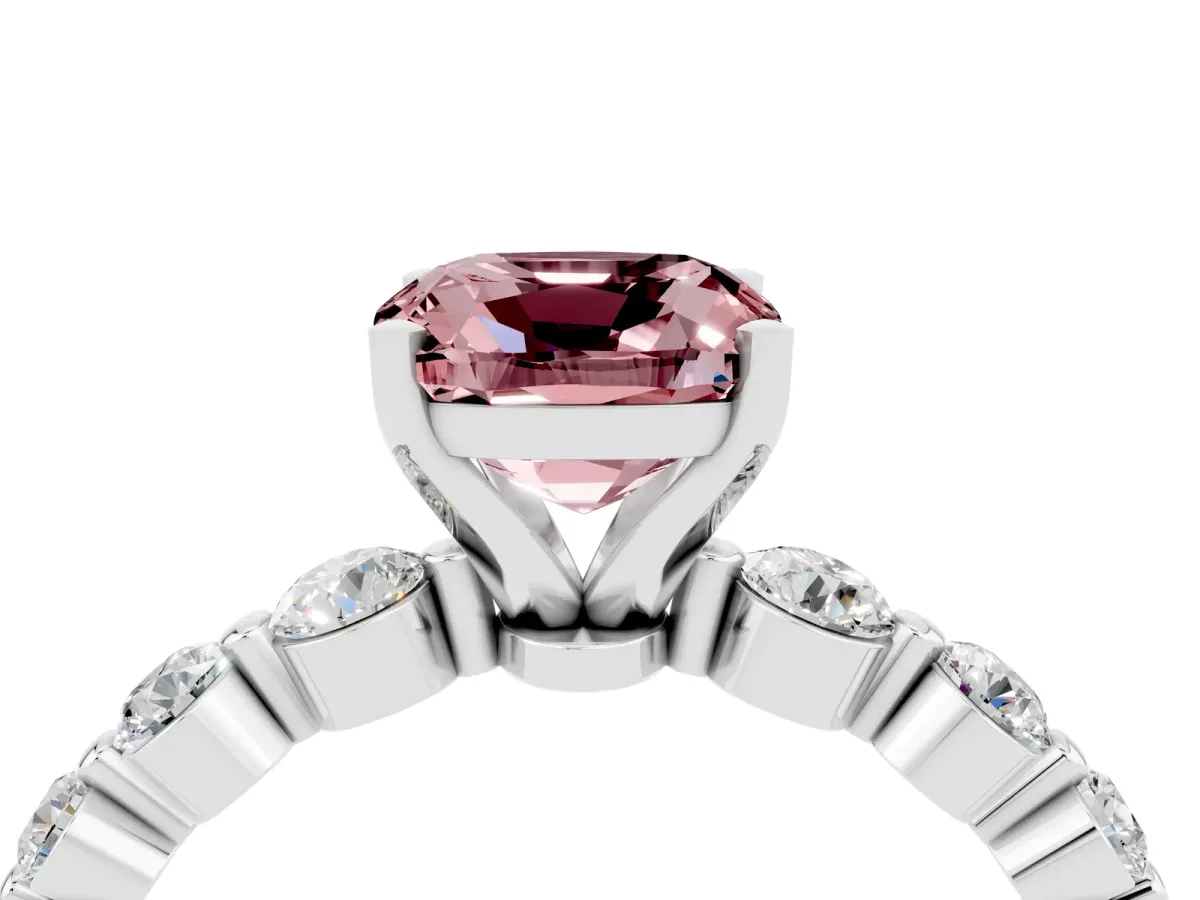 Cushion Cut Solitaire Morganite Ring with Pave Band and Four-Prong Setting Platinum