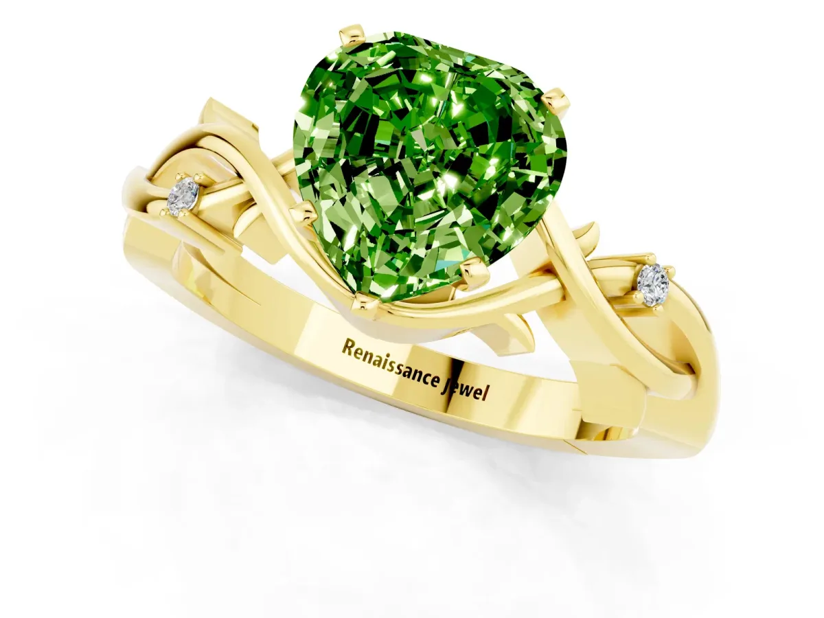 Heart Cut Peridot Solitaire Ring with Twisted Band and Prong Setting Yellow gold
