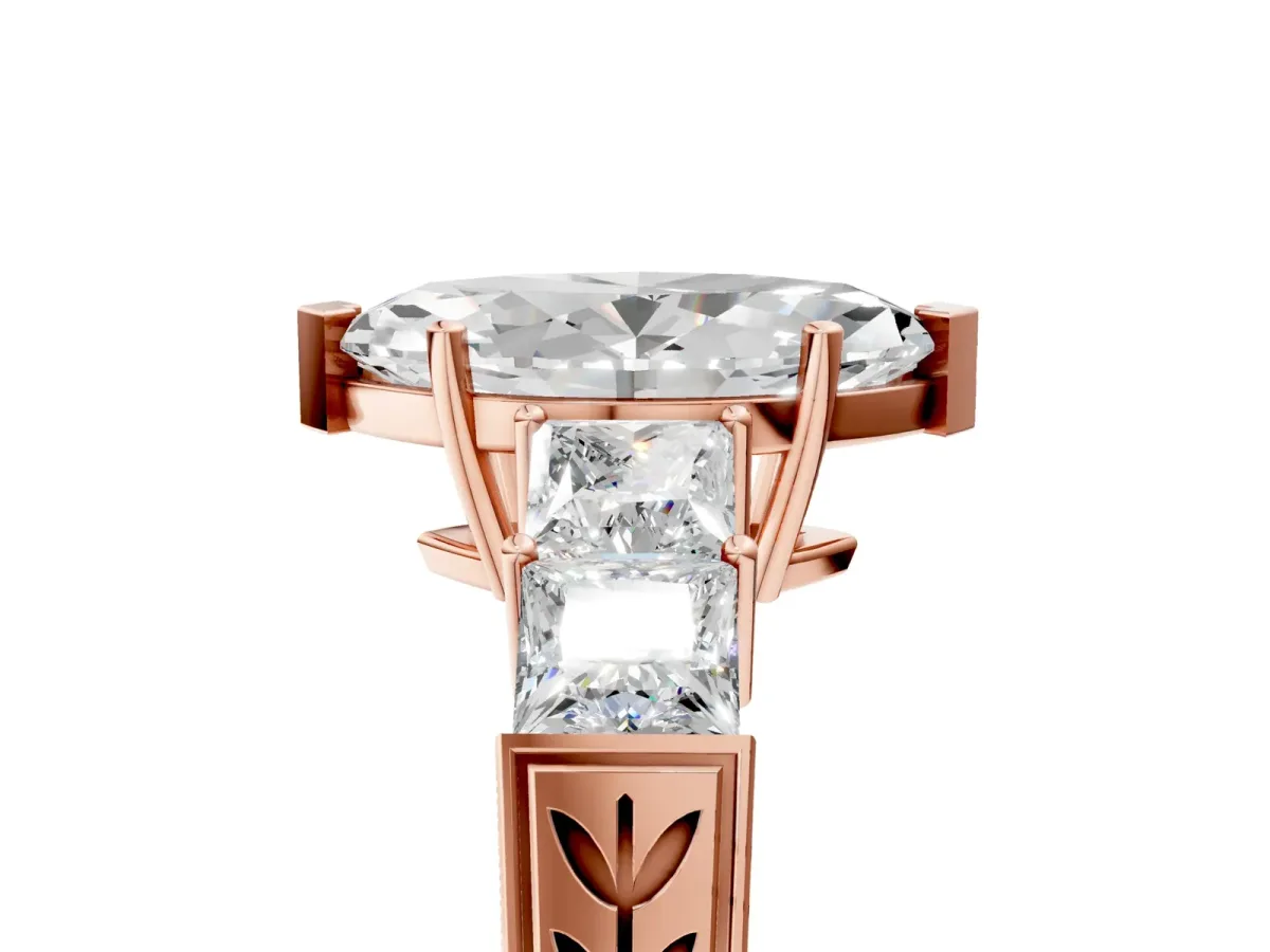 Marquise Cut Solitaire Princess Side Stone Engraved Band Prong Setting Ring Rose gold