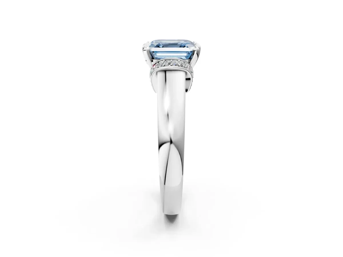 Fancy Blue Asscher Cut Solitaire Diamond Ring with Pave Band and Six-Prong Setting White gold