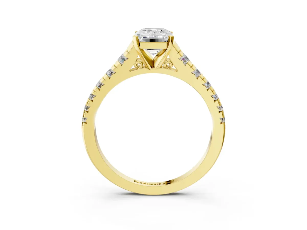 Emerald Cut Diamond Cathedral Solitaire Ring with Round Pavé Band Yellow gold
