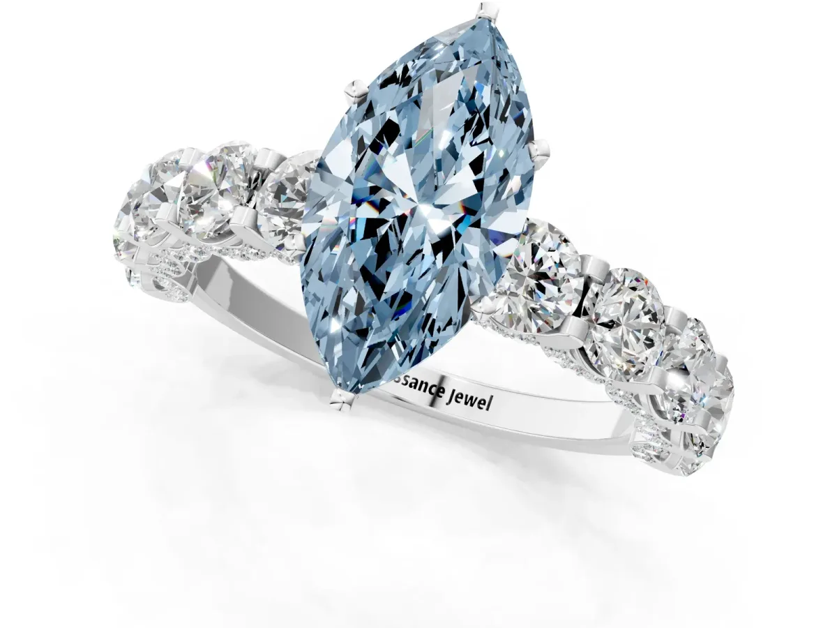 Fancy Blue Marquise Cut Diamond Side Stone Engagement Ring with Four-Prong Setting White gold