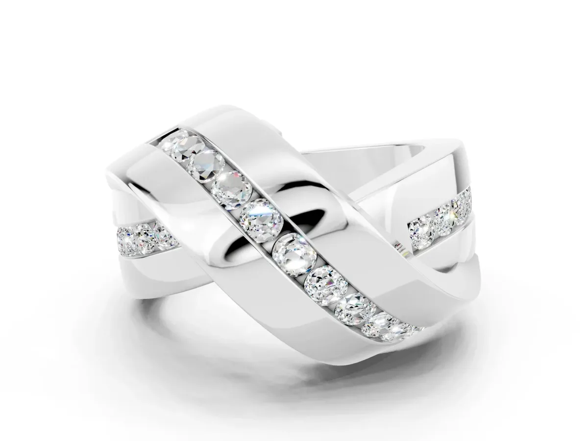Pavé Round Moissanite Crossover Band with Channel Setting White gold