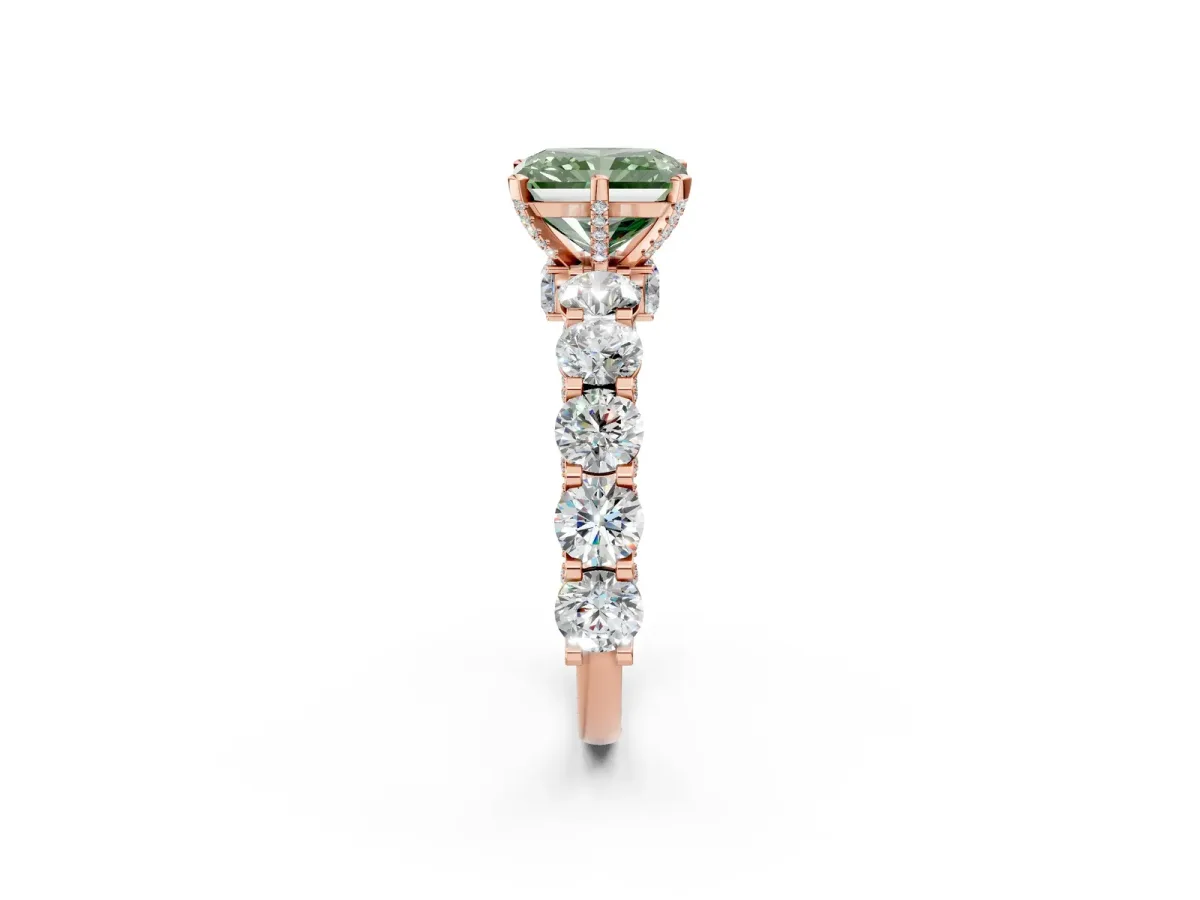 Fancy Green Radiant Cut Diamond Side Stone Engagement Ring with Four-Prong Setting Rose gold