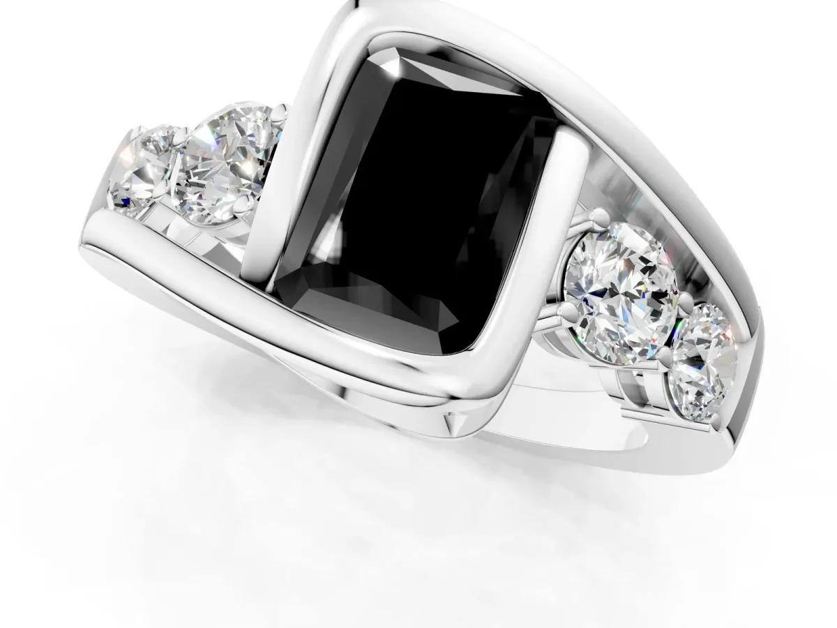Fancy Black Bezel Set Radiant Cut Diamond Bypass Ring with Round Accents Silver