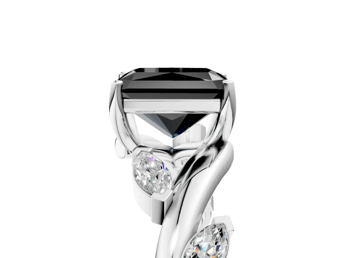 Fancy Black Radiant Cut Solitaire Twisted Band Marquise Accent Prong Setting Ring Platinum