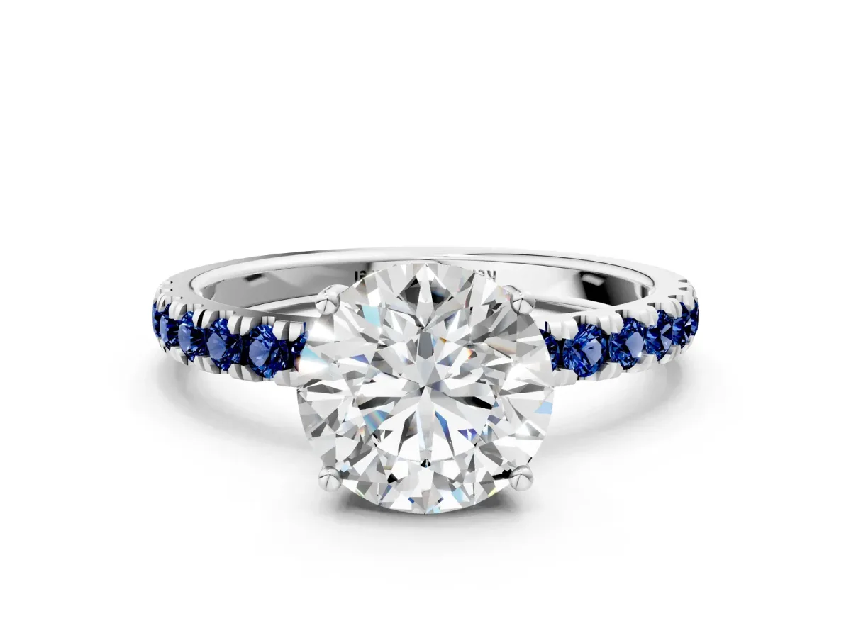 Round Cut Diamond Pave Band Solitaire Ring with Round Blue Sapphire and Prong Setting Silver