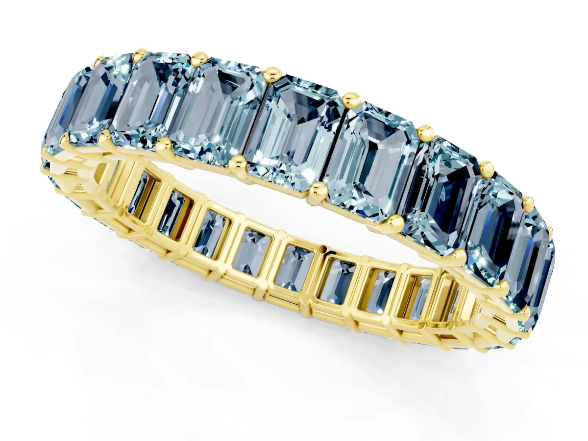 Emerald Cut Aquamarine Eternity Band with Shared Prong Setting Yellow gold