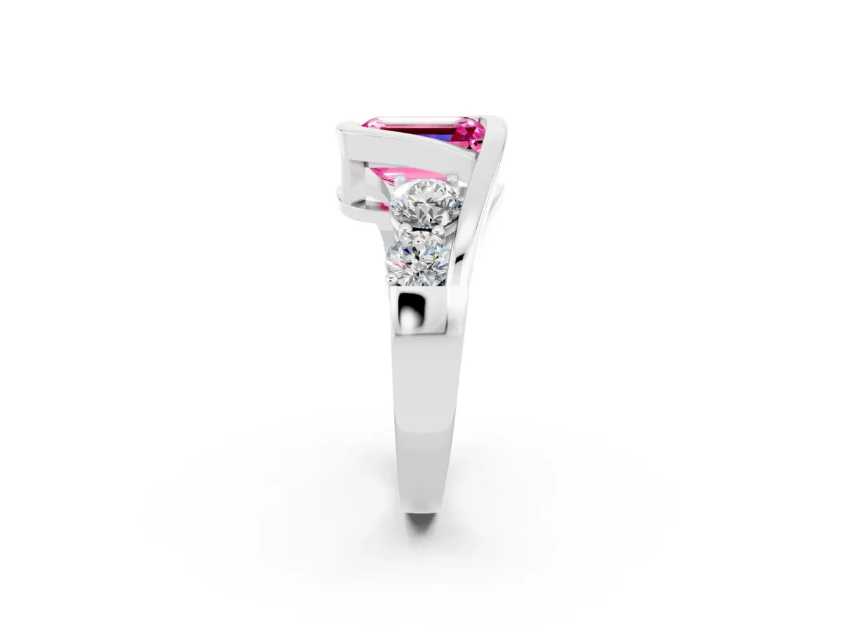 Bezel Set Emerald Cut Pink Sapphire Bypass Ring with Round Accents Silver