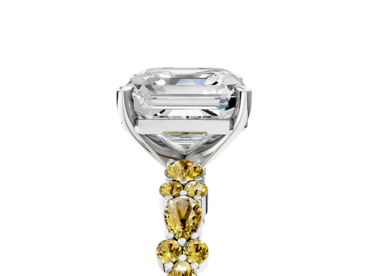 Asscher Cut Diamond Side Stone Solitaire Ring with Round Yellow Sapphire and Four-Prong Setting Platinum