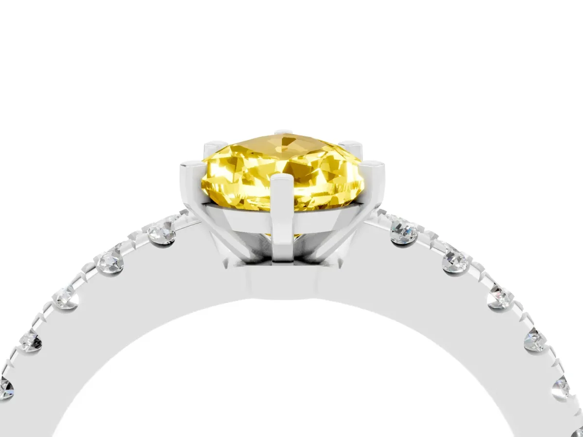 Pear Cut Solitaire Yellow Sapphire with Pavé Band and Four-Prong Setting Silver