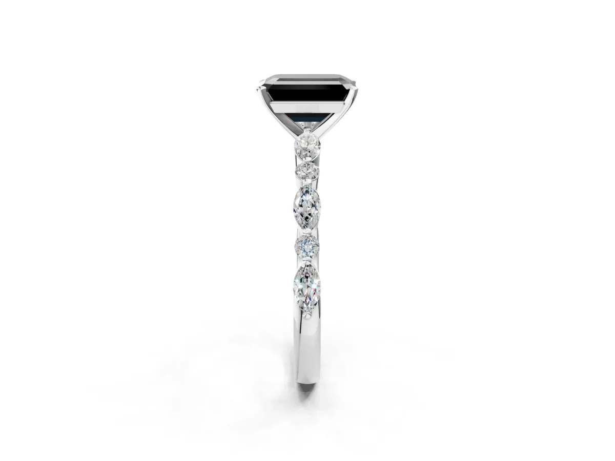 Fancy Black Emerald Cut Diamond Ring with Marquise and Round Side Stones and Four-Prong Setting Silver
