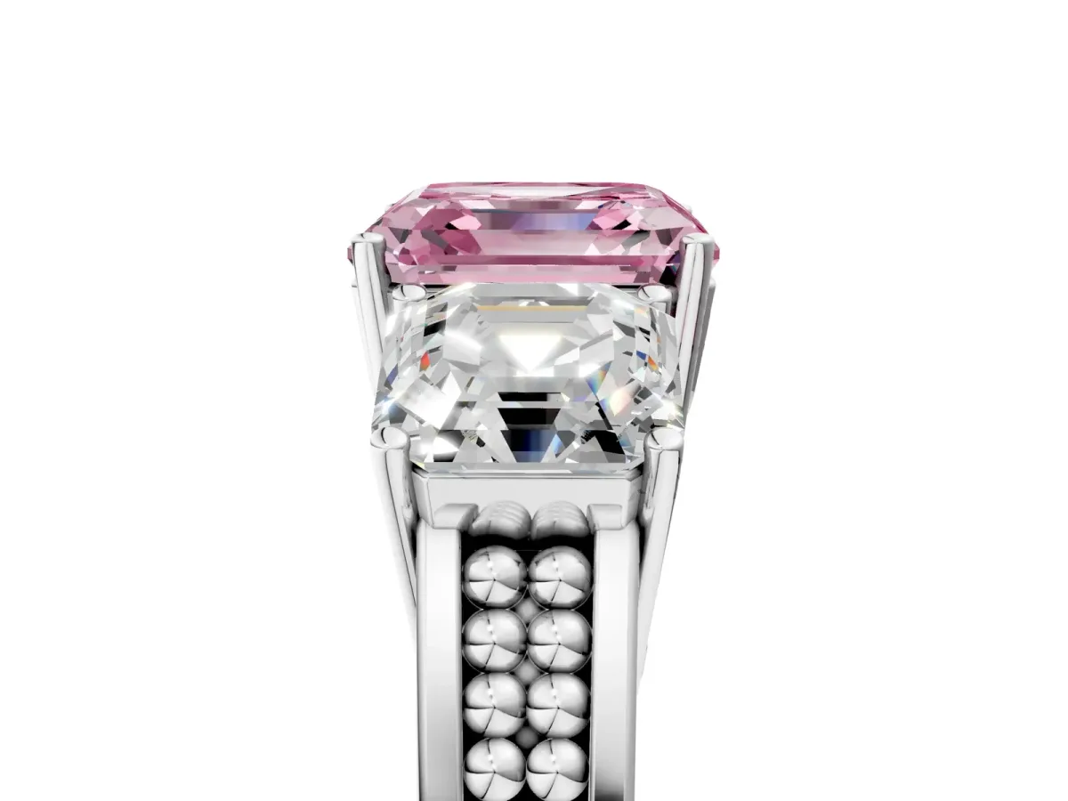 Fancy Pink Asscher Cut Diamond Three-Stone Ring with Prong Setting and Textured Band Platinum