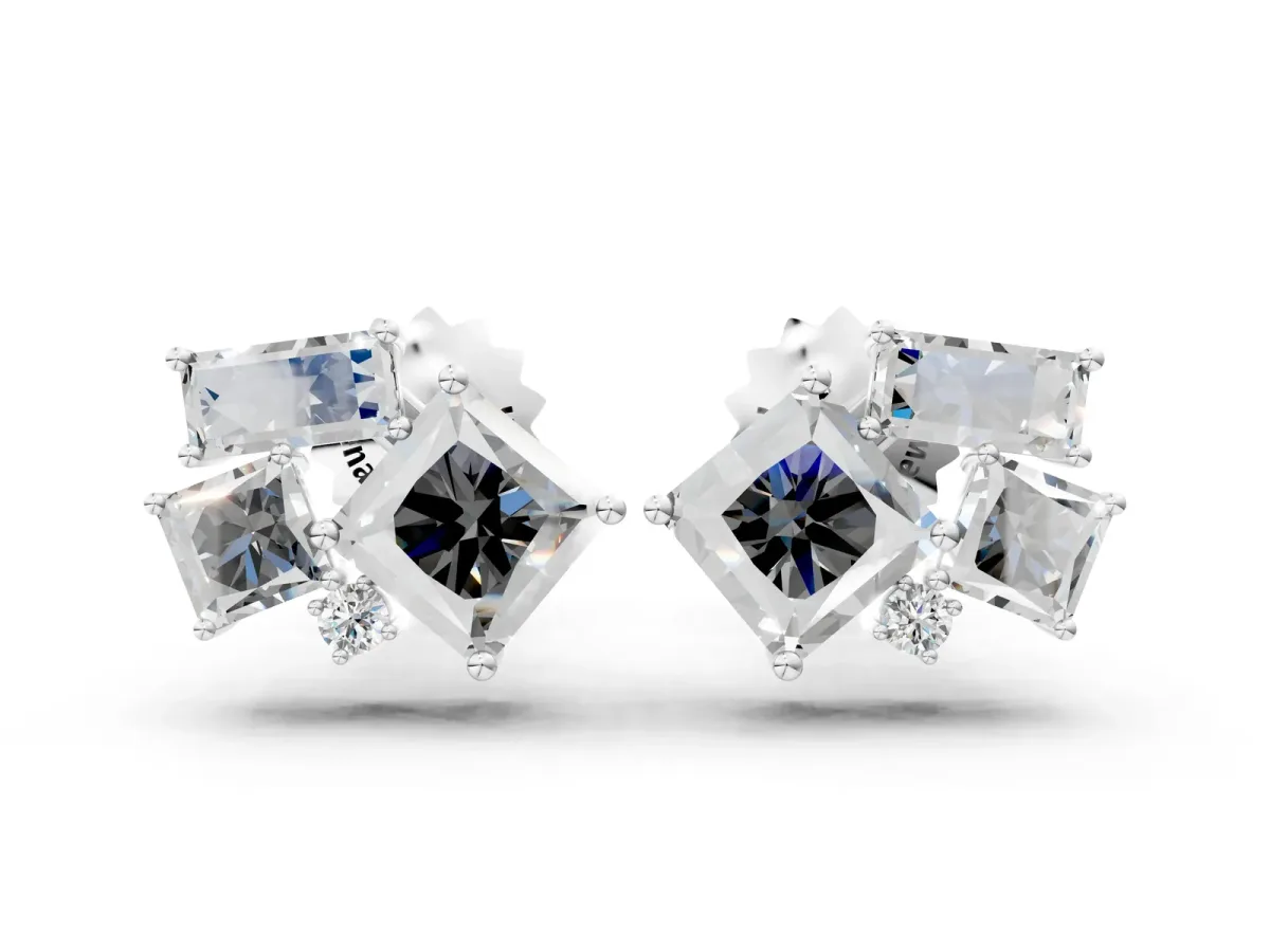 Baguette and Princess Diamond Mosaic Abstract Stud Earrings Silver