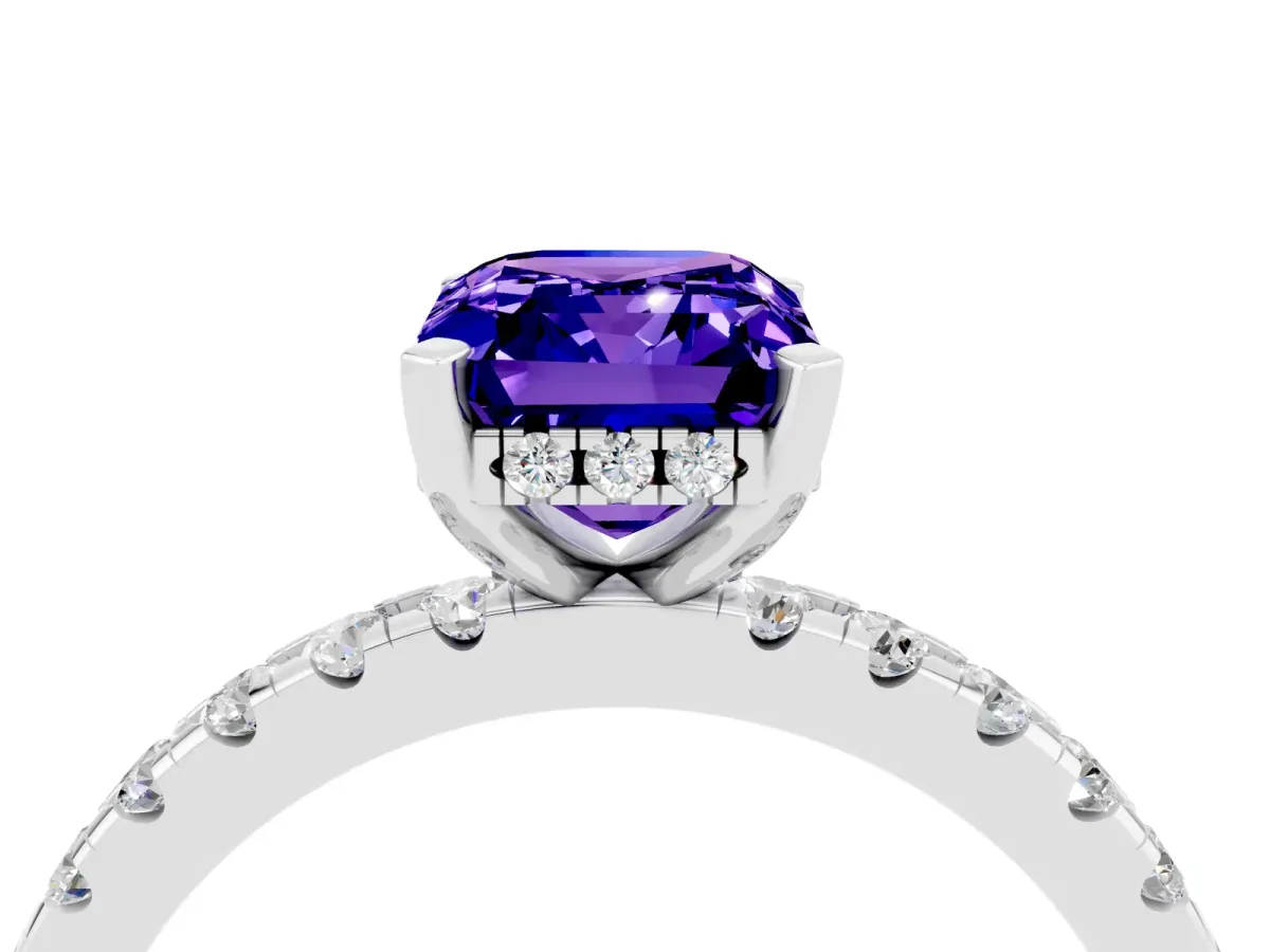 Emerald Cut Tanzanite Solitaire Ring with Round Pavé Band and Four-Prong Setting Silver