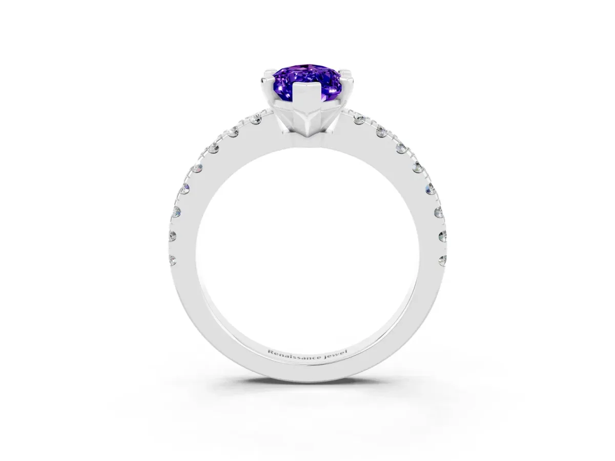Marquise Cut Solitaire Tanzanite with Pavé Band and Four-Prong Setting Silver