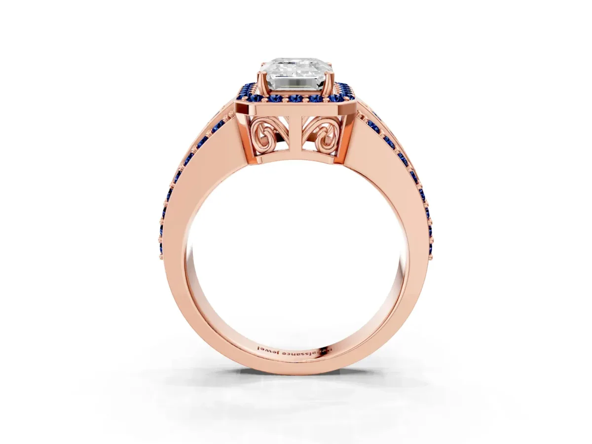 Emerald Cut Halo Diamond Ring with Round Blue Sapphire Split Shank and Prong Setting Rose gold