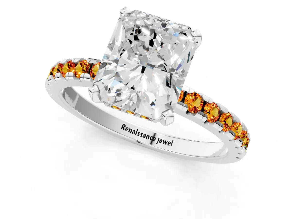 Radiant Cut Diamond Solitaire Ring with Round Citrine Pavé Band and Four-Prong Setting Silver