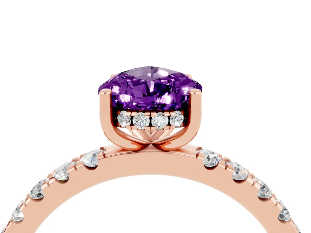 Pear Cut Amethyst Pave Band Solitaire Ring with Round and Prong Setting Rose gold