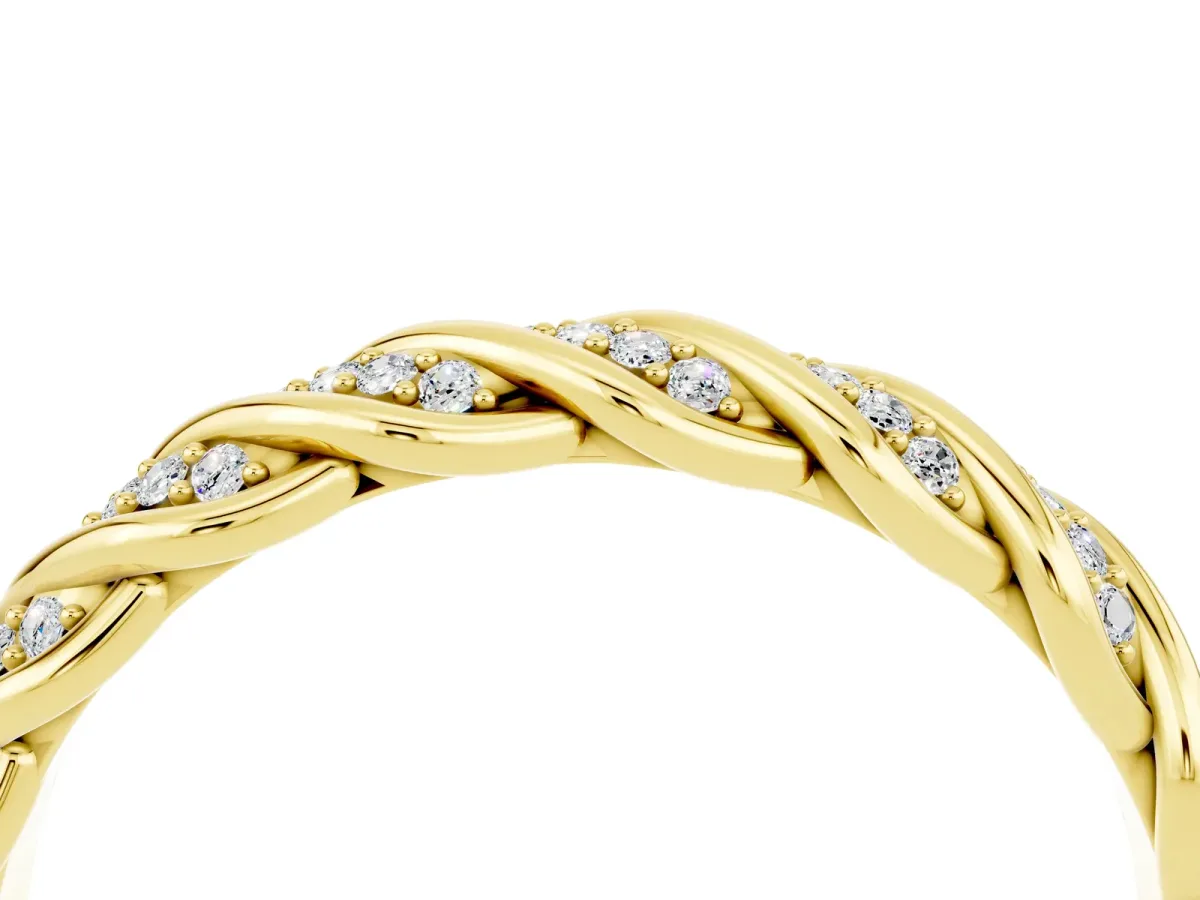 Twisted Pavé Round Moissanite Eternity Band with Shared Prong Setting Yellow gold