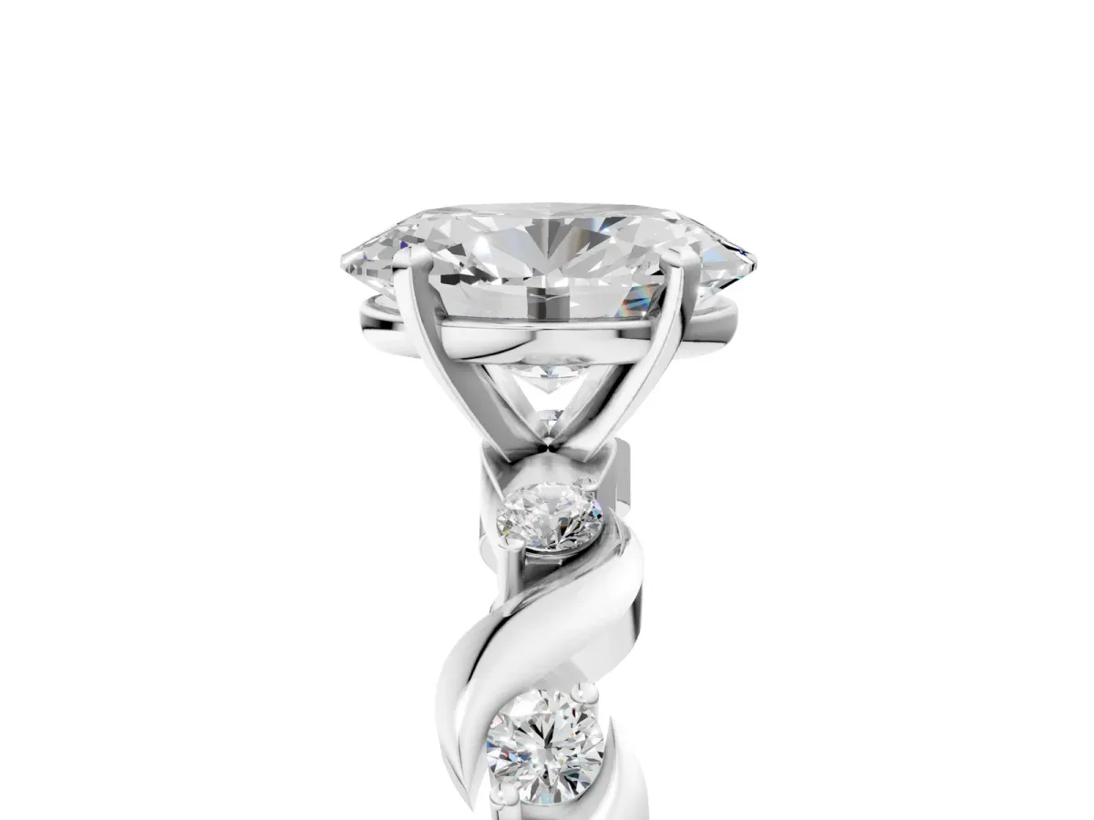 Oval Cut Diamond Solitaire Twisted Band with Round Accents and Prong Setting Silver