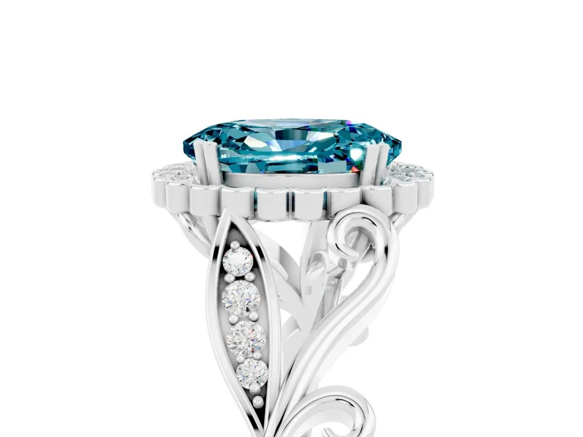Oval Cut Blue Topaz Halo Ring with Vintage Split Shank and Four-Prong Setting Silver