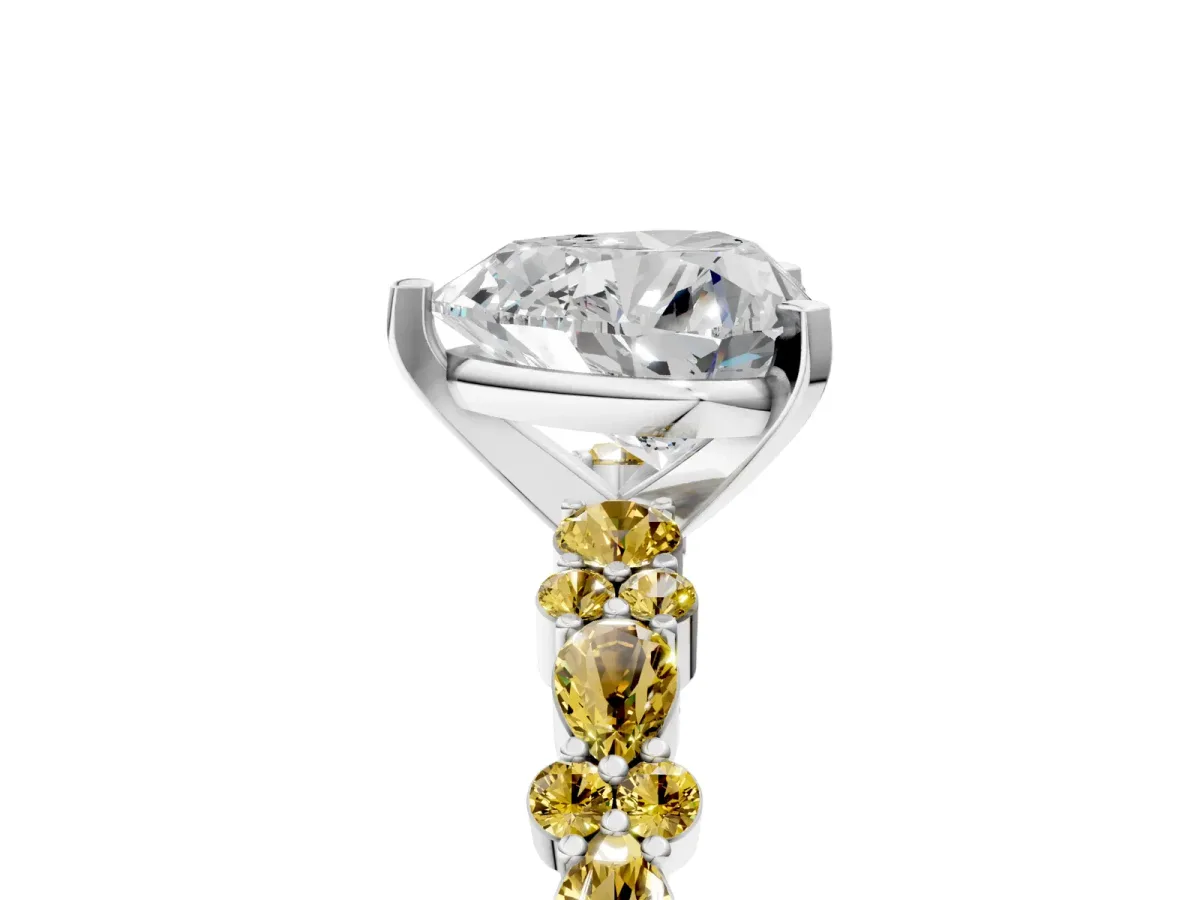 Heart Cut Diamond Side Stone Solitaire Ring with Round Yellow Sapphire and Four-Prong Setting Silver