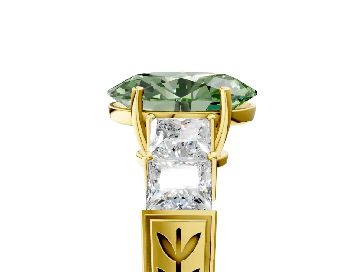 Fancy Green Oval Cut Solitaire Princess Side Stone Engraved Band Prong Setting Ring Yellow gold