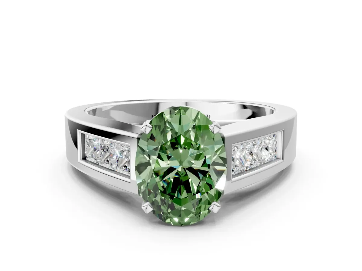 Fancy Green Oval Cut Cut Channel Set Solitaire Ring with Four-Prong Setting Platinum