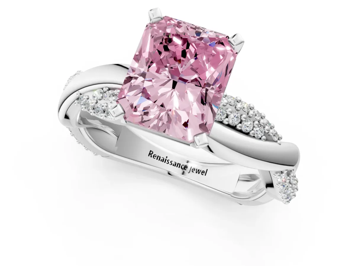 Fancy Pink Radiant Cut Solitaire Twist Band with Pave Prong Setting Platinum