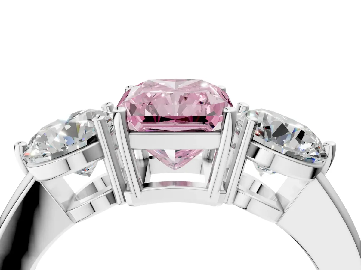 Fancy Pink Radiant Cut Diamond Three-Stone Ring with Prong Setting and Classic Band Platinum