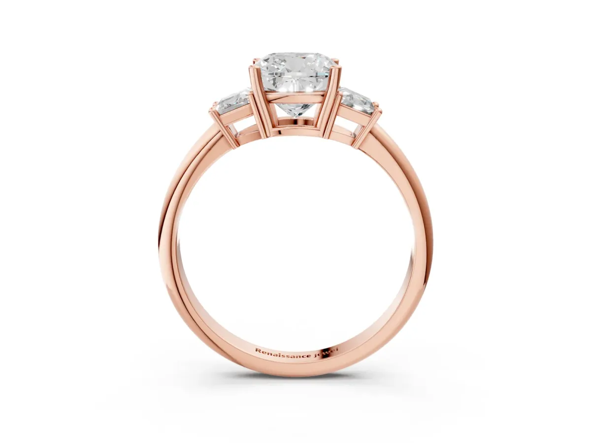 Cushion Cut Diamond Three-Stone Ring with Trapezoid Side Stones and Prong Setting Rose gold