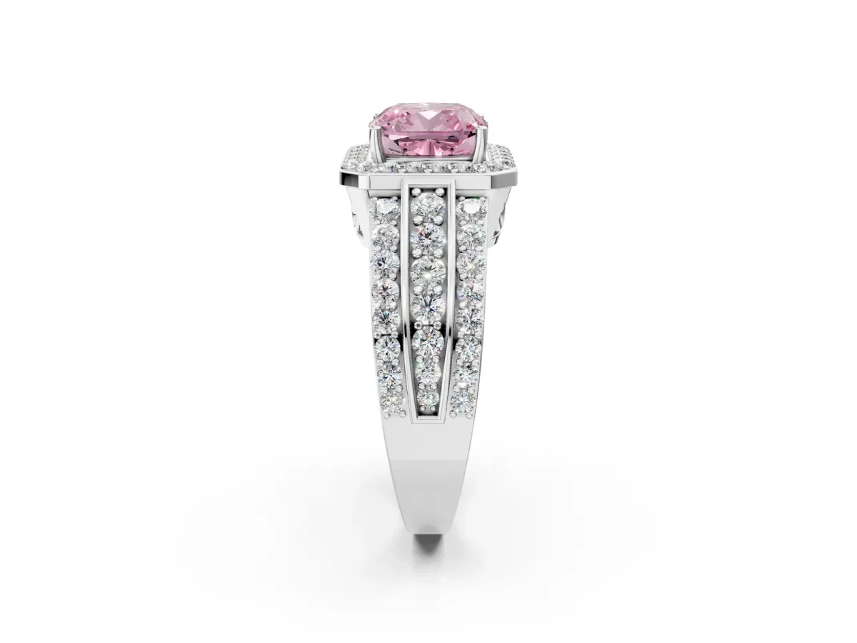 Fancy Pink Cushion Cut Halo Diamond Ring with Round Split Shank and Prong Setting Platinum