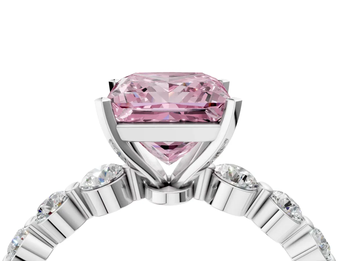 Fancy Pink Princess Cut Solitaire Diamond Ring with Pave Band and Four-Prong Setting Silver