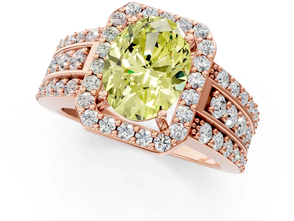 Fancy Yellow Oval Cut Halo Diamond Ring with Round Split Shank and Prong Setting Rose gold
