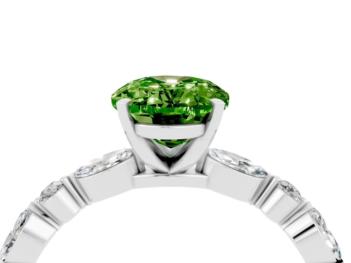 Oval Cut Peridot Ring with Marquise and Round Side Stones and Four-Prong Setting Silver