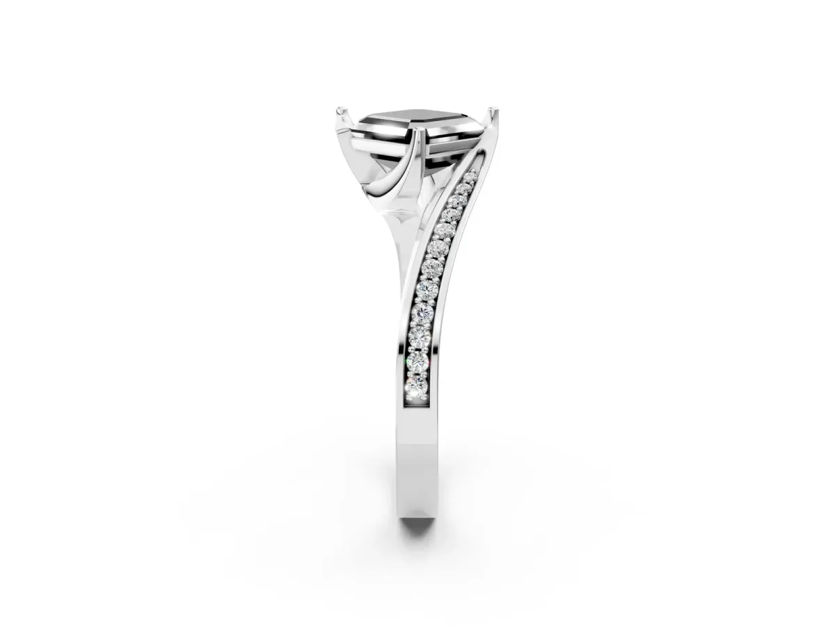 Fancy Black Asscher Cut Solitaire Diamond Twist Band with Pavé Setting and Four-Prong Setting Platinum