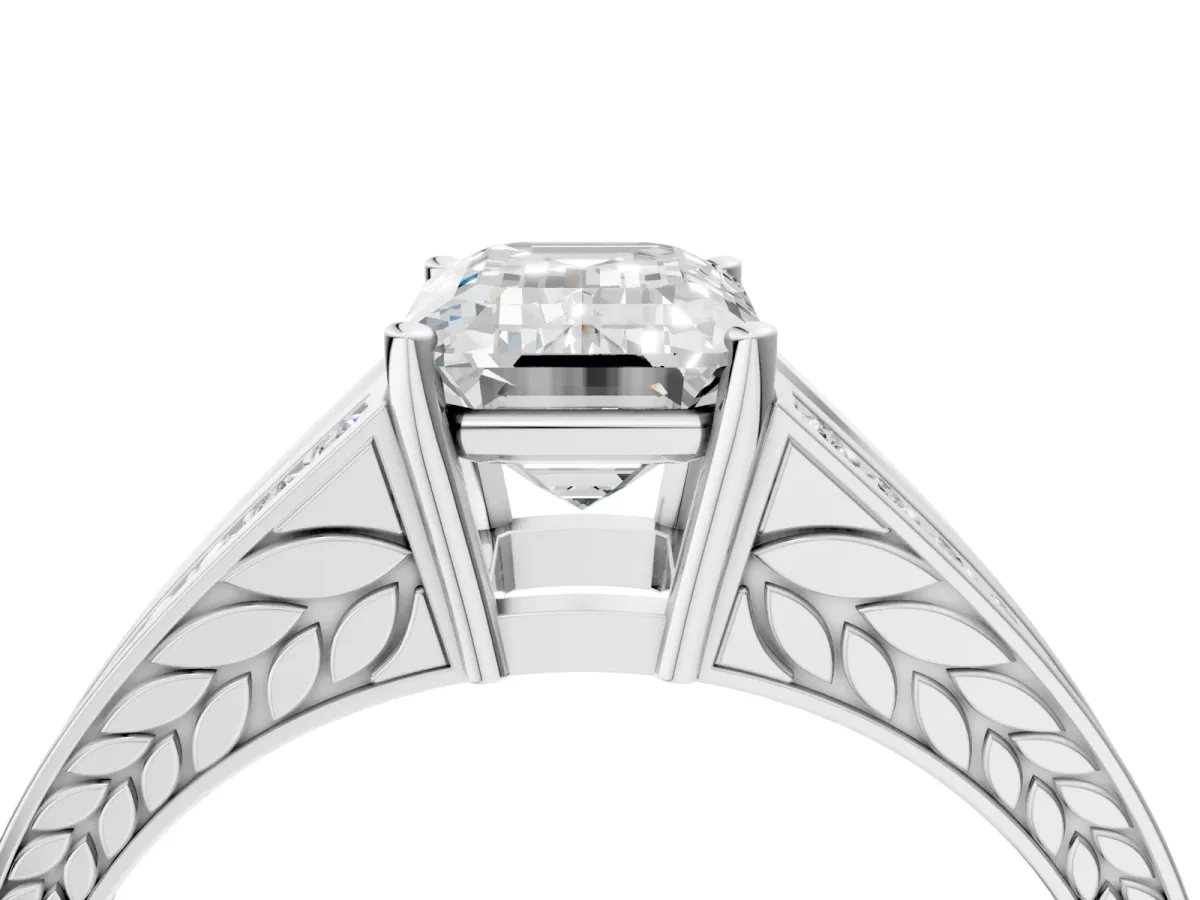 Emerald Cut Diamond Split Shank Ring with Pavé Band and Four-Prong Setting White gold