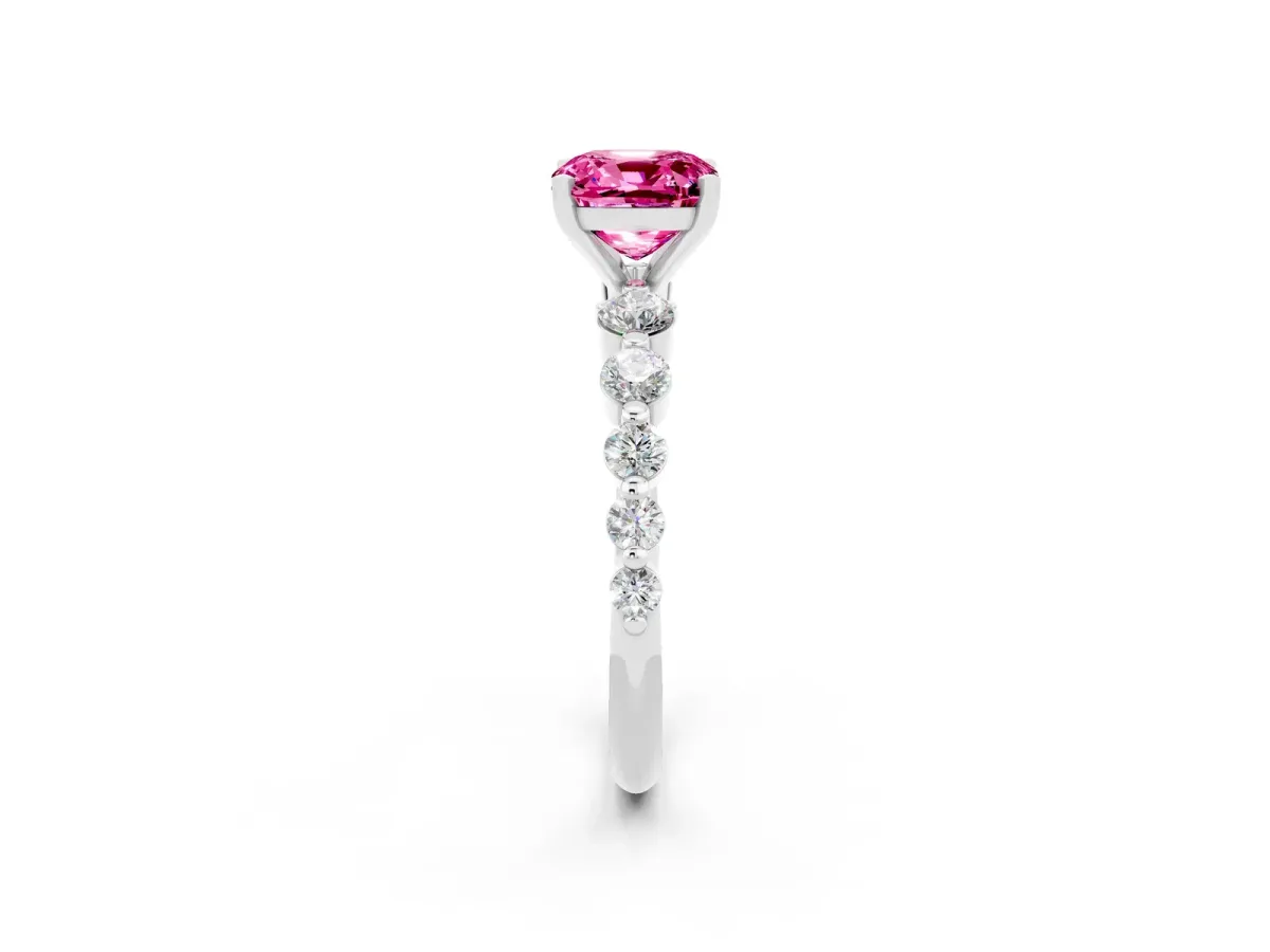 Cushion Cut Solitaire Pink Sapphire Ring with Pave Band and Four-Prong Setting Silver
