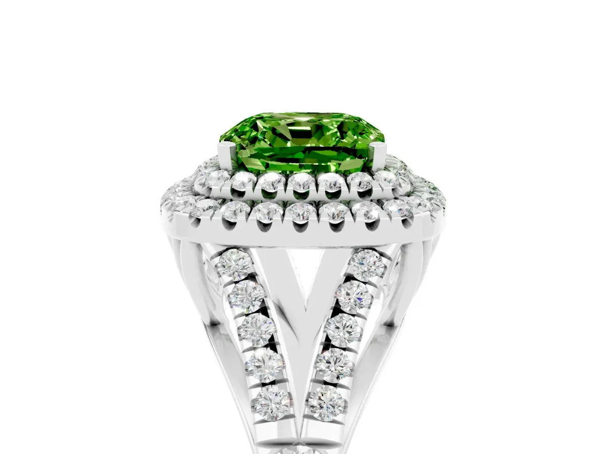 Double Halo Cushion Cut Peridot Split Shank Engagement Ring with Four-Prong Setting White gold