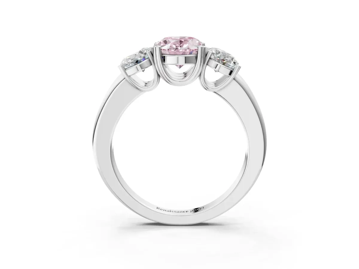 Fancy Pink Three-Stone Oval Cut Cut Diamond Ring with Channel Set Band and Four-Prong Setting Silver
