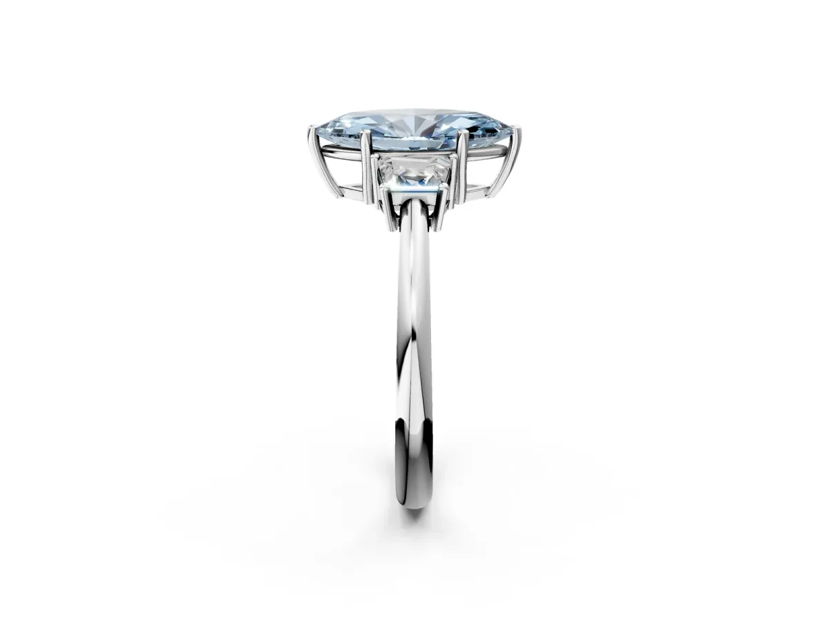 Fancy Blue Marquise Cut Diamond Three-Stone Ring with Trapezoid Side Stones and Prong Setting Silver