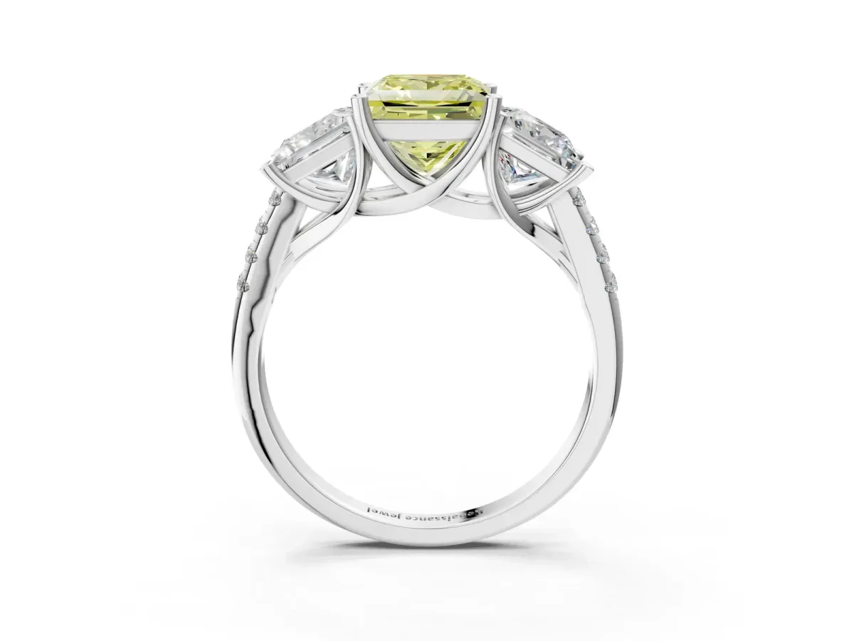 Fancy Yellow Three-Stone Princess Cut Diamond Ring with Round Pavé Band and Prong Setting Silver