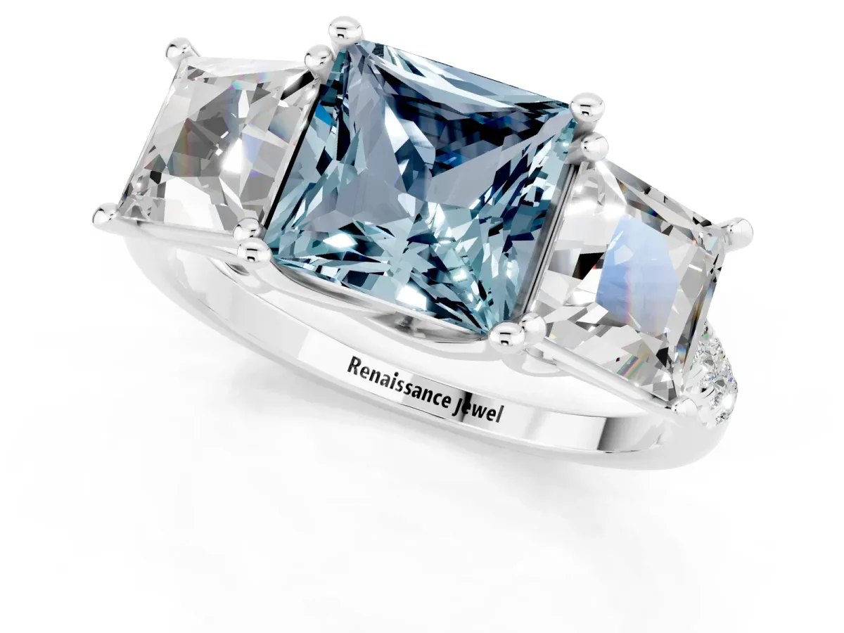 Three-Stone Princess Cut Aquamarine Ring with Round Pavé Band and Prong Setting Silver